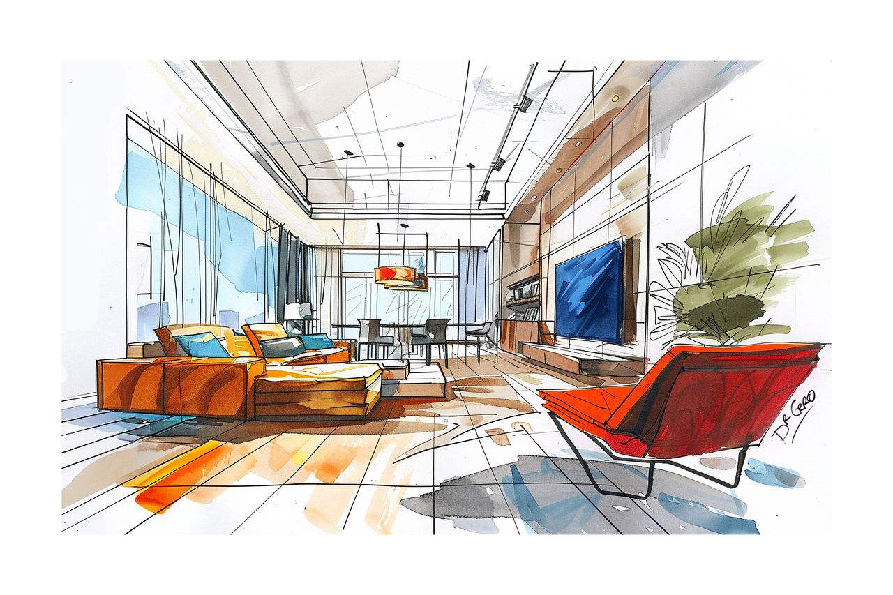 Dessin design d'intérieur style rough