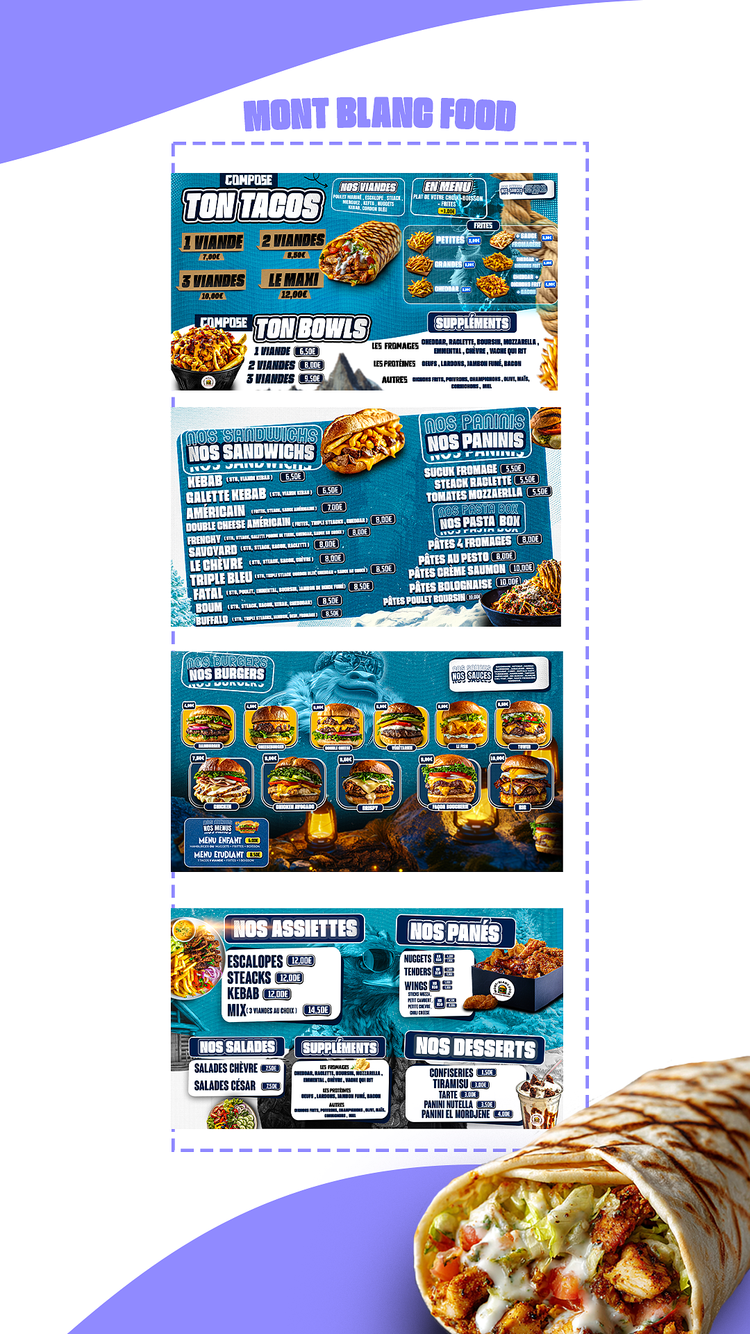 Menu Board Food pour restaurant