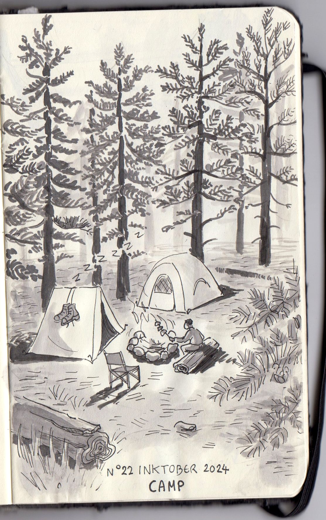 Croquis noir et blanc camping en forêt