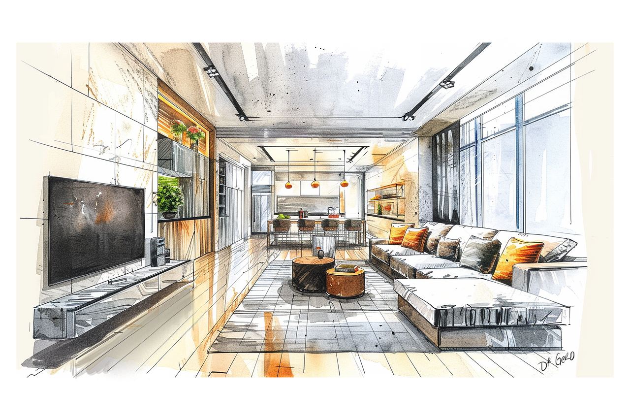 Dessin design d'intérieur style rough