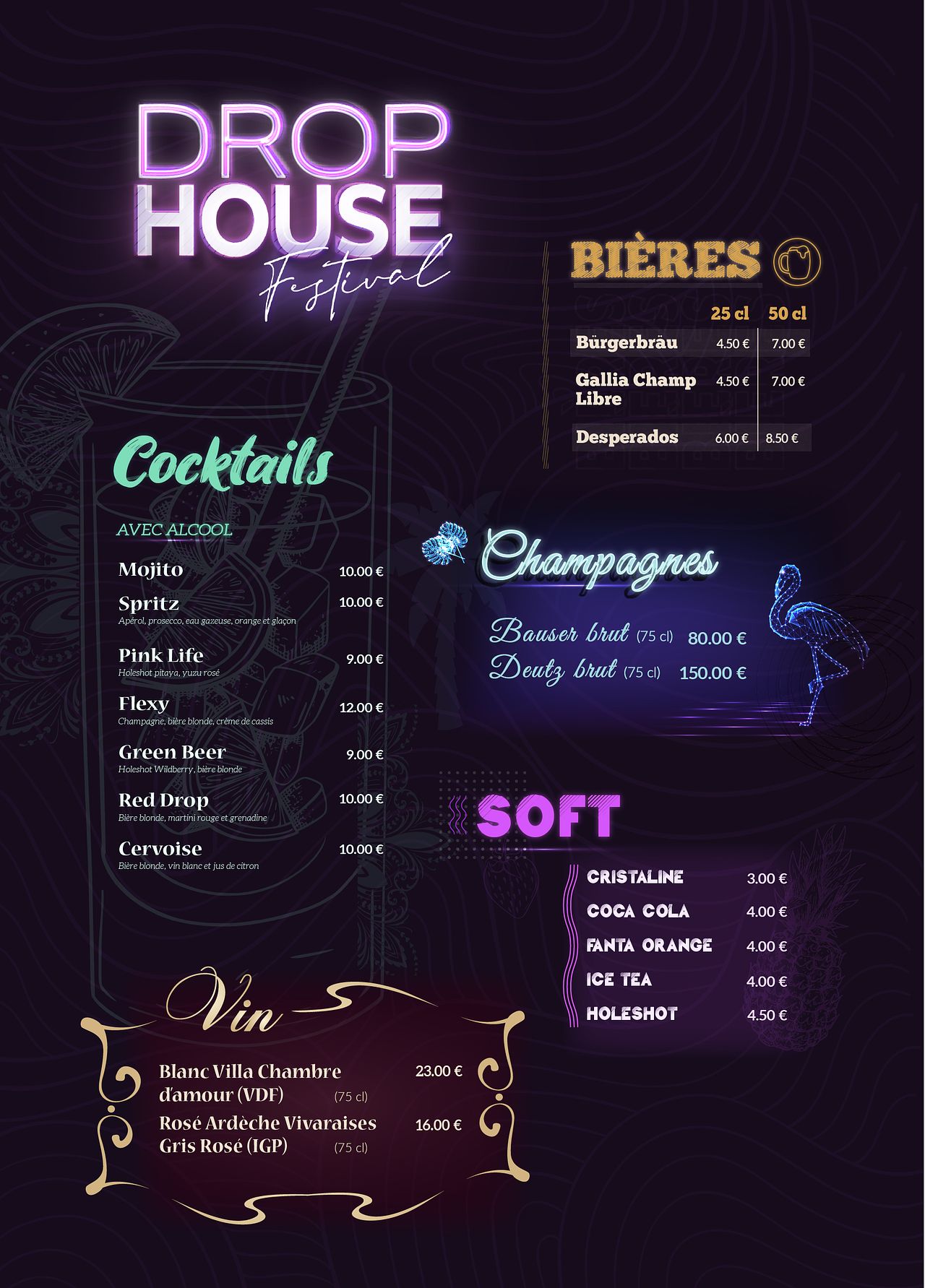 Carte des boissons Drop House Festivale