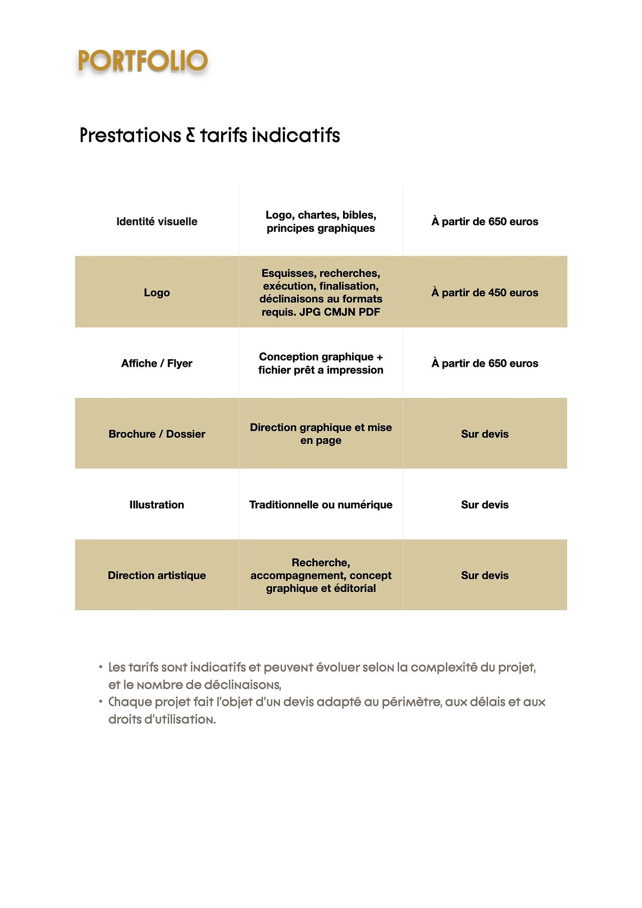 Prestations et tarifs indicatifs