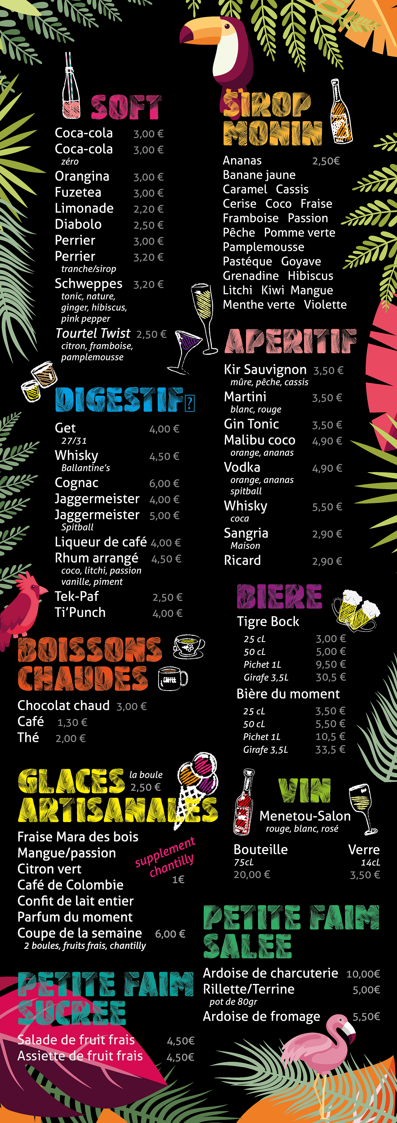 Carte des boissons bar à cocktails