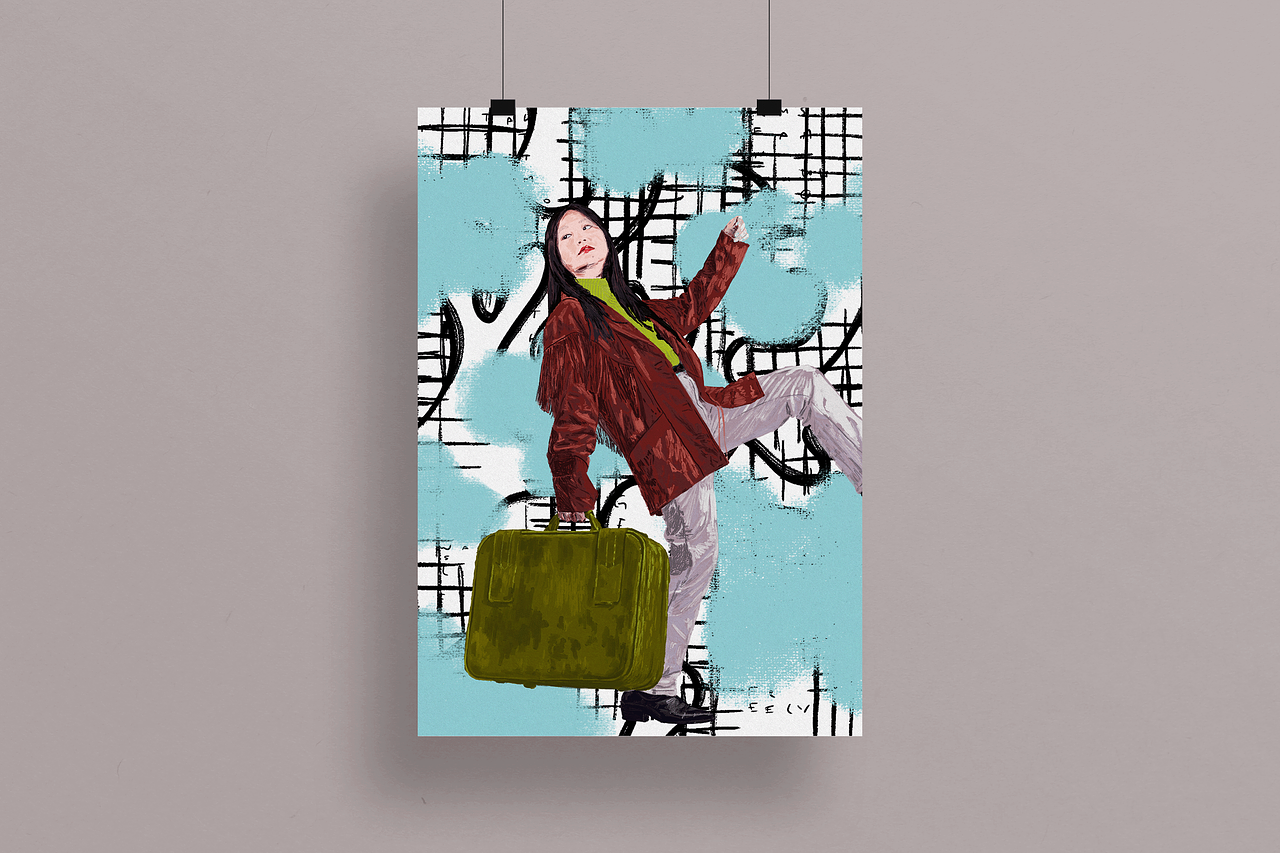 Suitcase girl - illustration - mockup