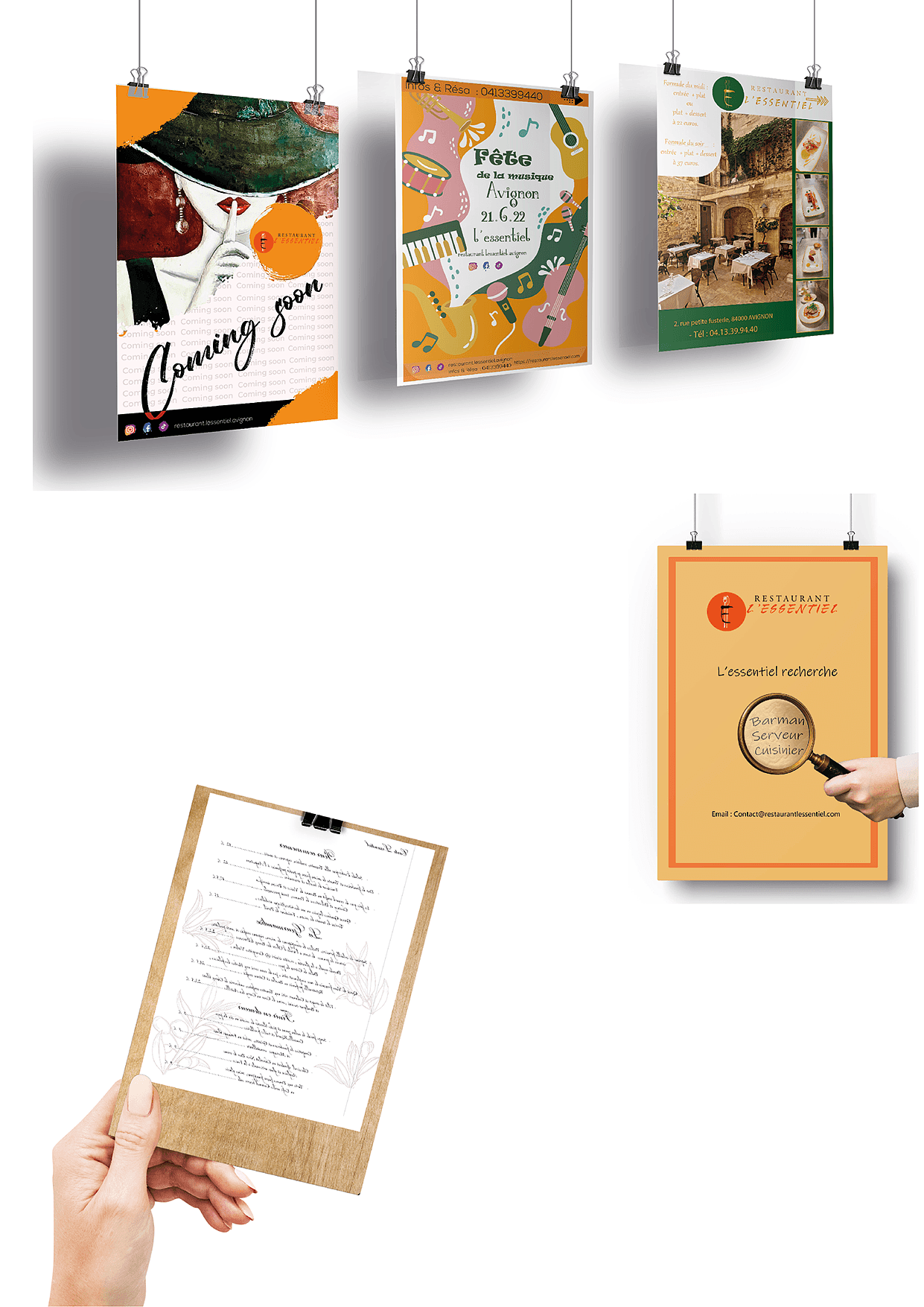 Différentes affiches plus le menu pour le lancemen