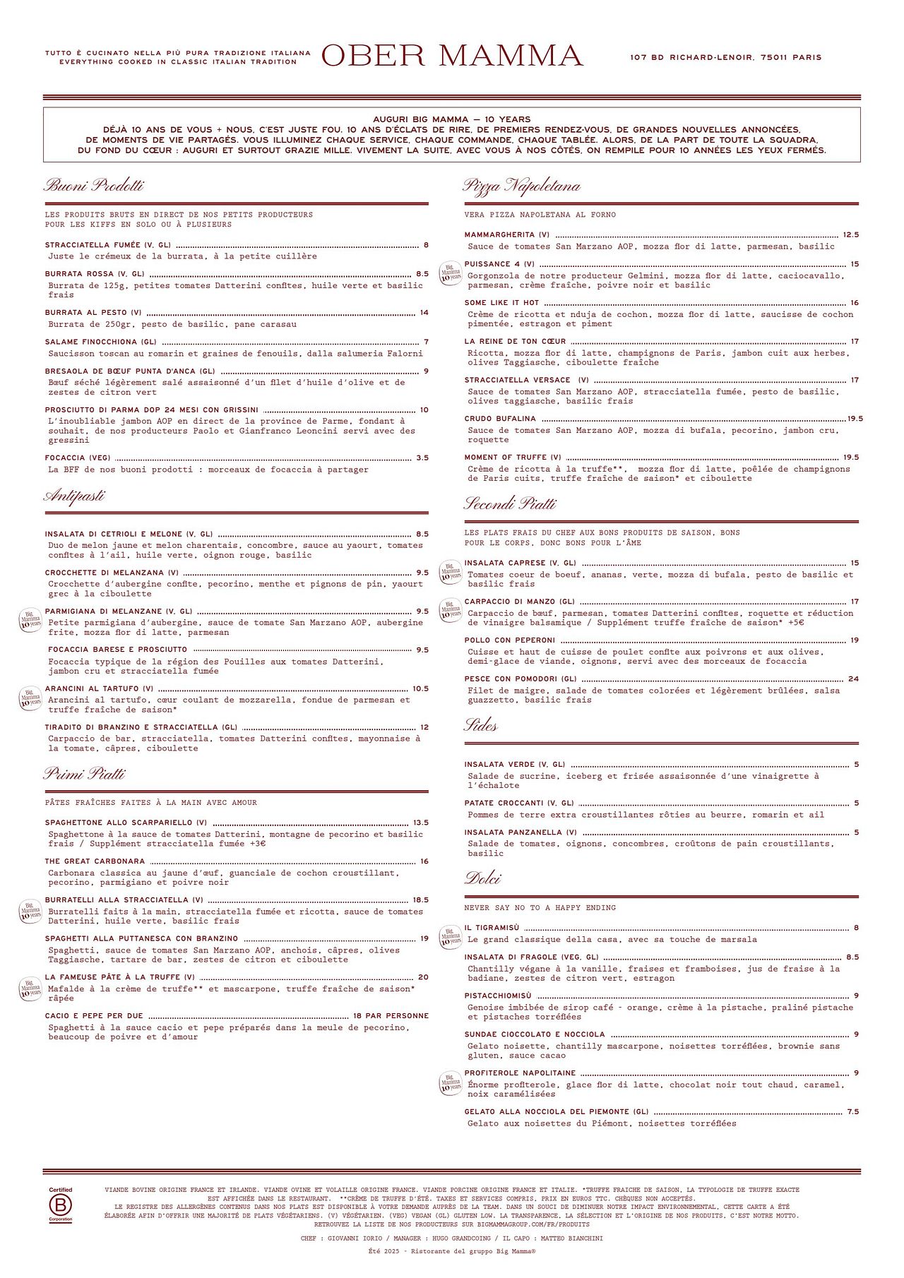 Menu pour le restaurant Ober Mamma