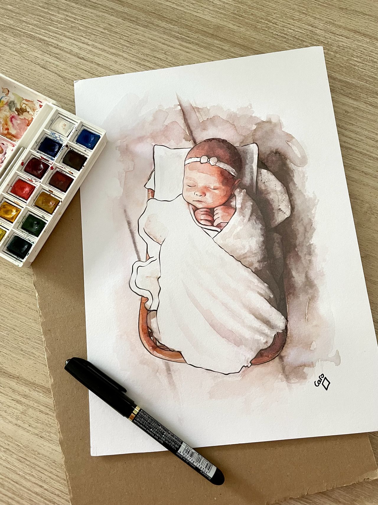Aquarelle naissance sur mesure