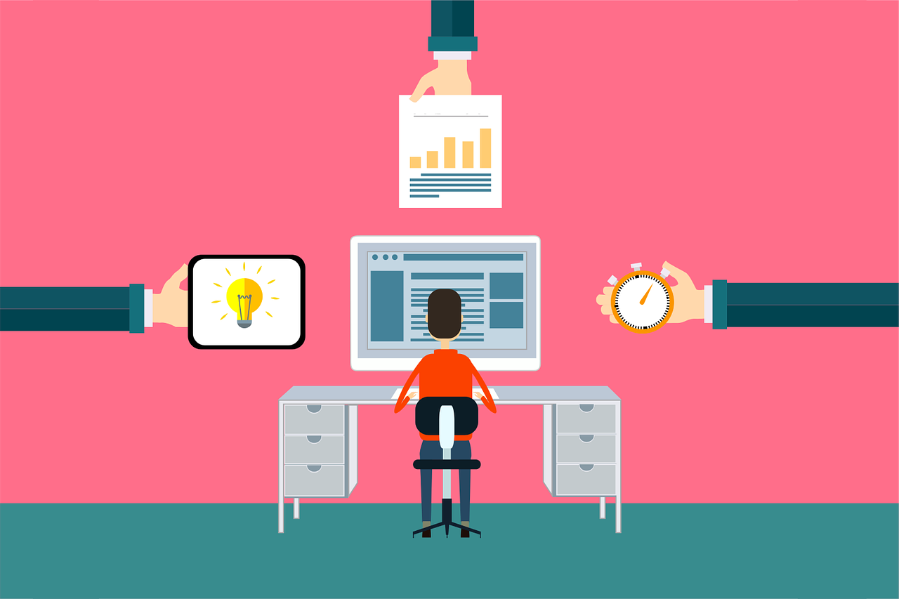 Person at desk with idea/report/time