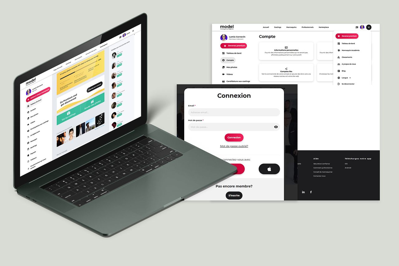 Interface app web pour mannequins et modèles photo