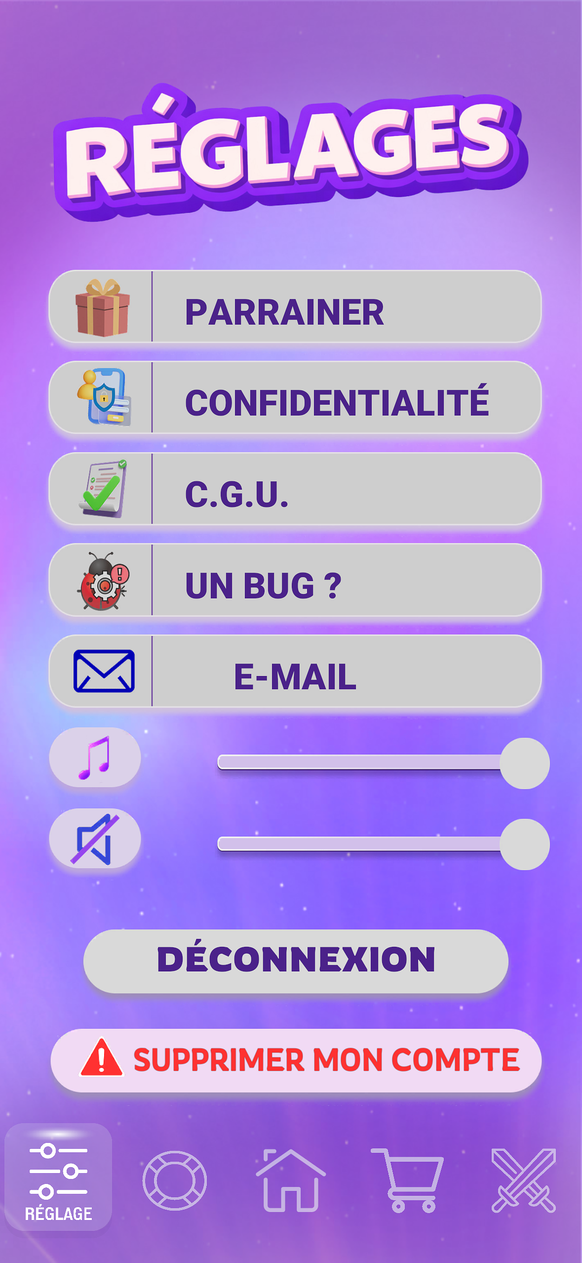 Interface utilisateur – Page paramètres (UI mobile