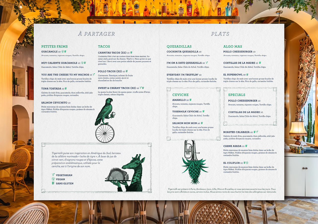 Menu pour le restaurant Tigermilk