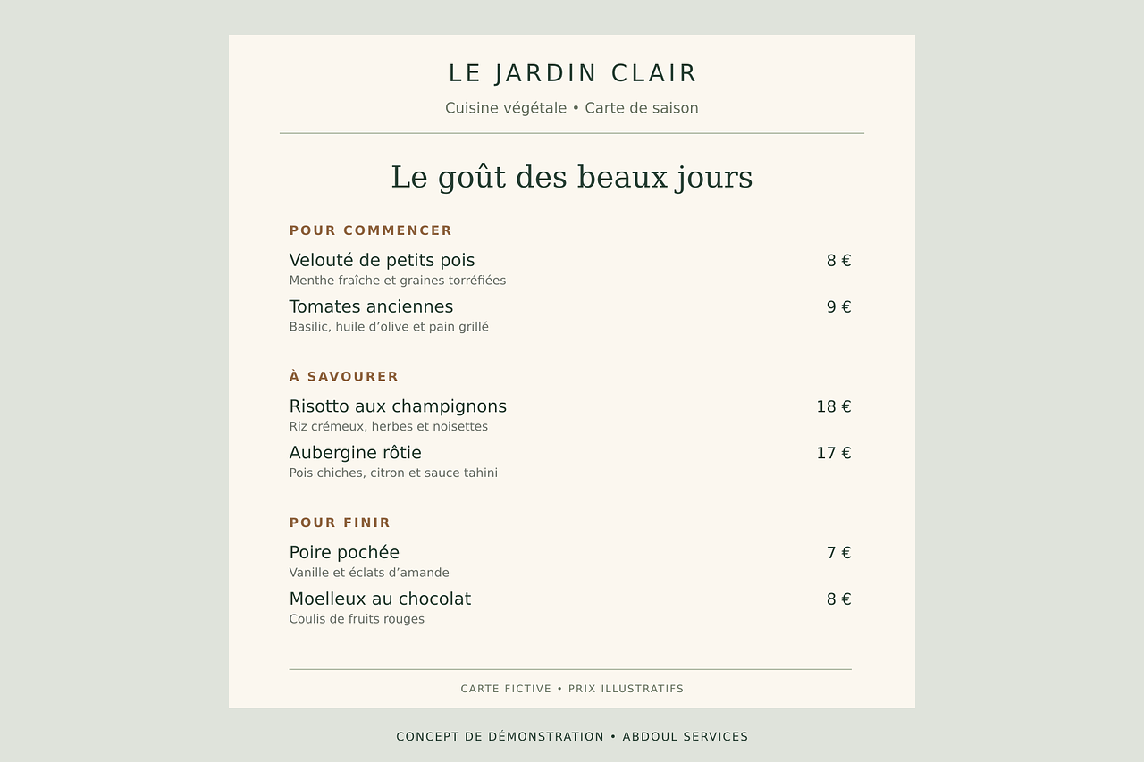 Le Jardin Clair | Menu de restaurant